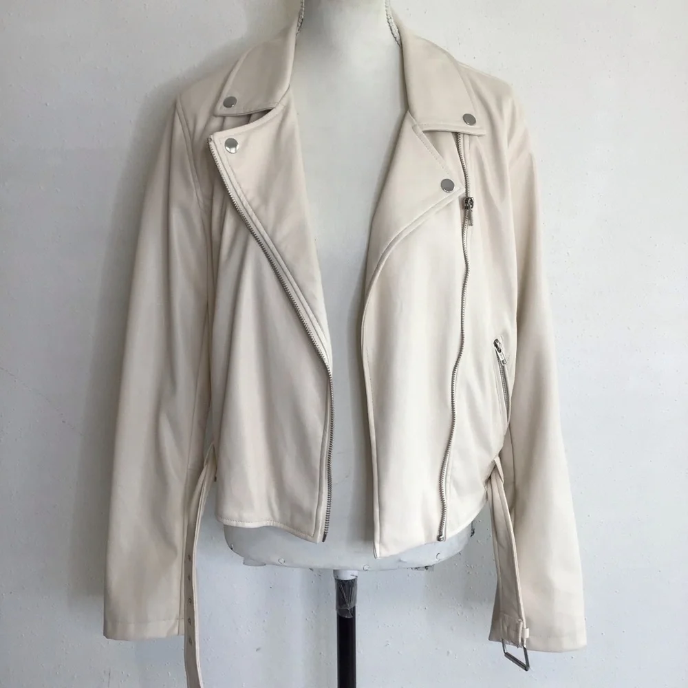 AND NOW THIS WOMEN STYLISH CREAM FAUX LEATHER COLLARED ZIPPER MOTO JACKET SZ L - Picture 8 of 12